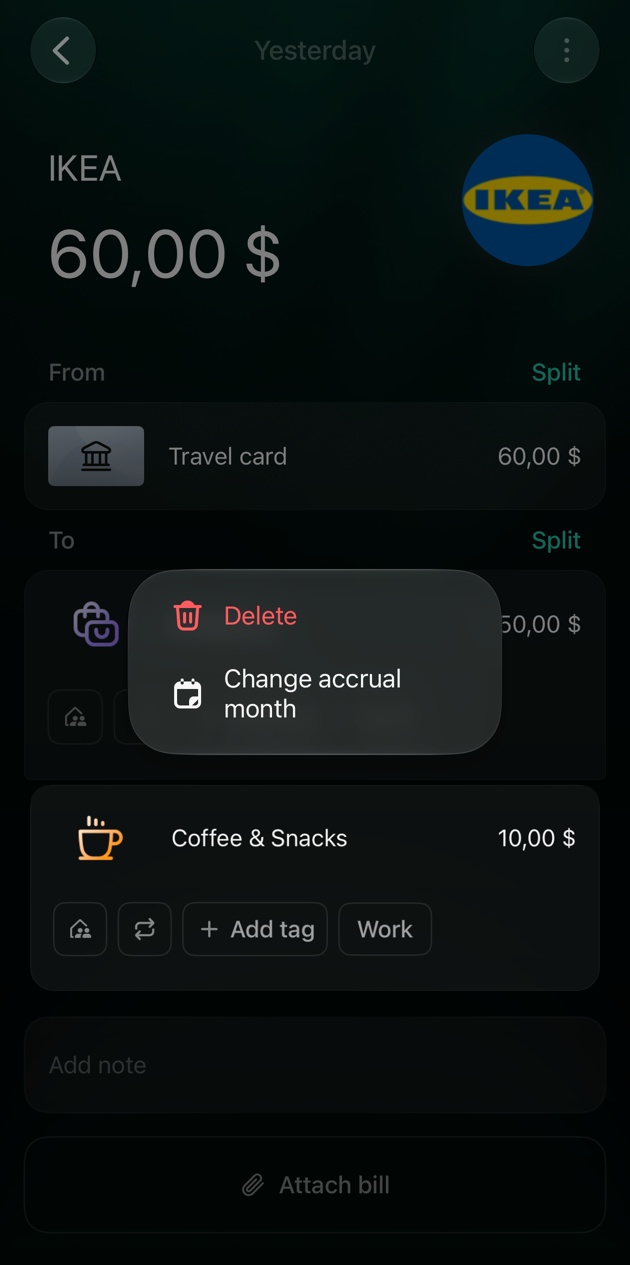 iOS IKEA transaction with a menu over the Coffee & Snacks part: Delete and Change accrual month.
