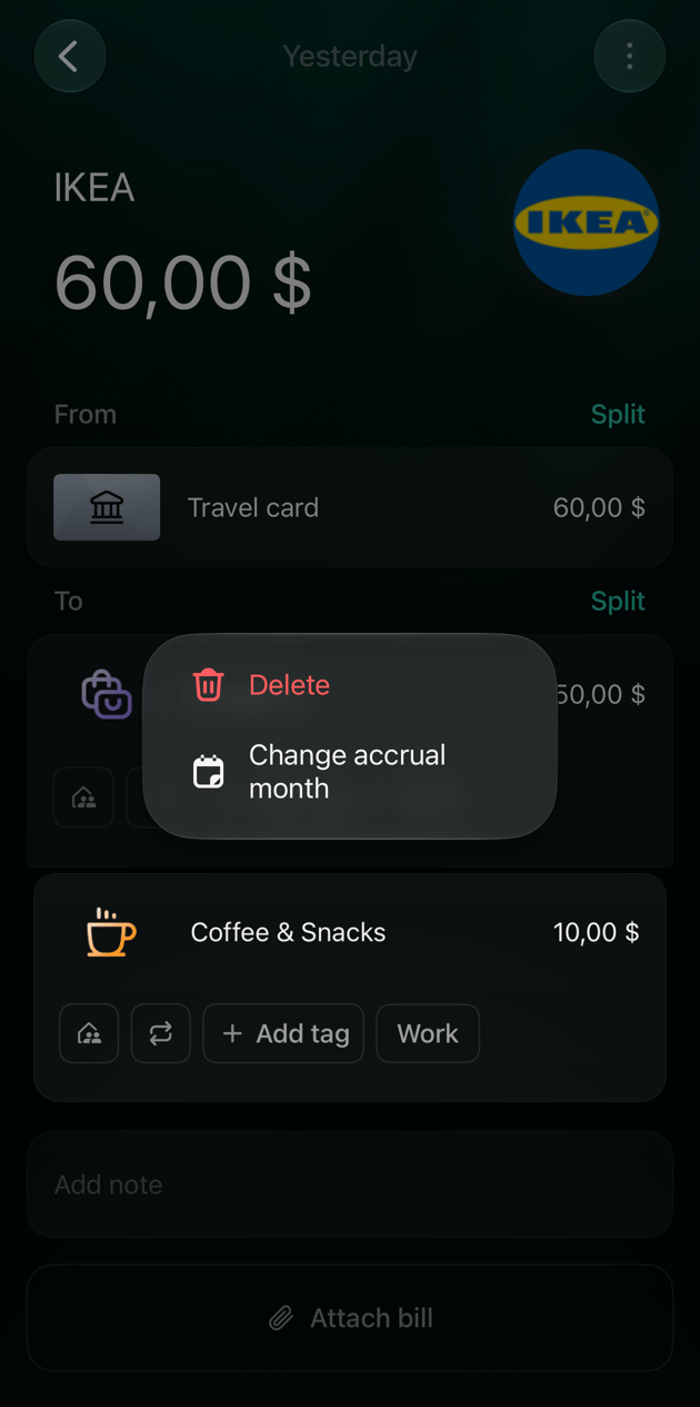 iOS IKEA transaction with a menu over the Coffee & Snacks part: Delete and Change accrual month.