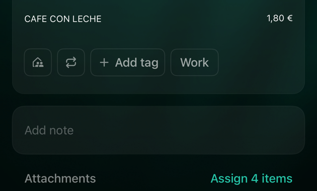iOS transaction screen with the CAFE CON LECHE item, Add note, and Attachments with Assign 4 items on the right.