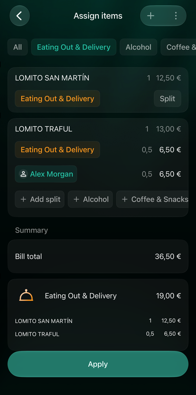 iOS Assign items filtered by Eating Out & Delivery: LOMITO TRAFUL split into 0,5 for Eating Out & Delivery and 0,5 for Alex Morgan, 6,50 euros each, with an Apply button.