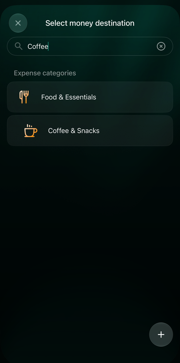 iOS Select money destination screen with Coffee typed in Search and two expense categories: Food & Essentials and Coffee & Snacks.