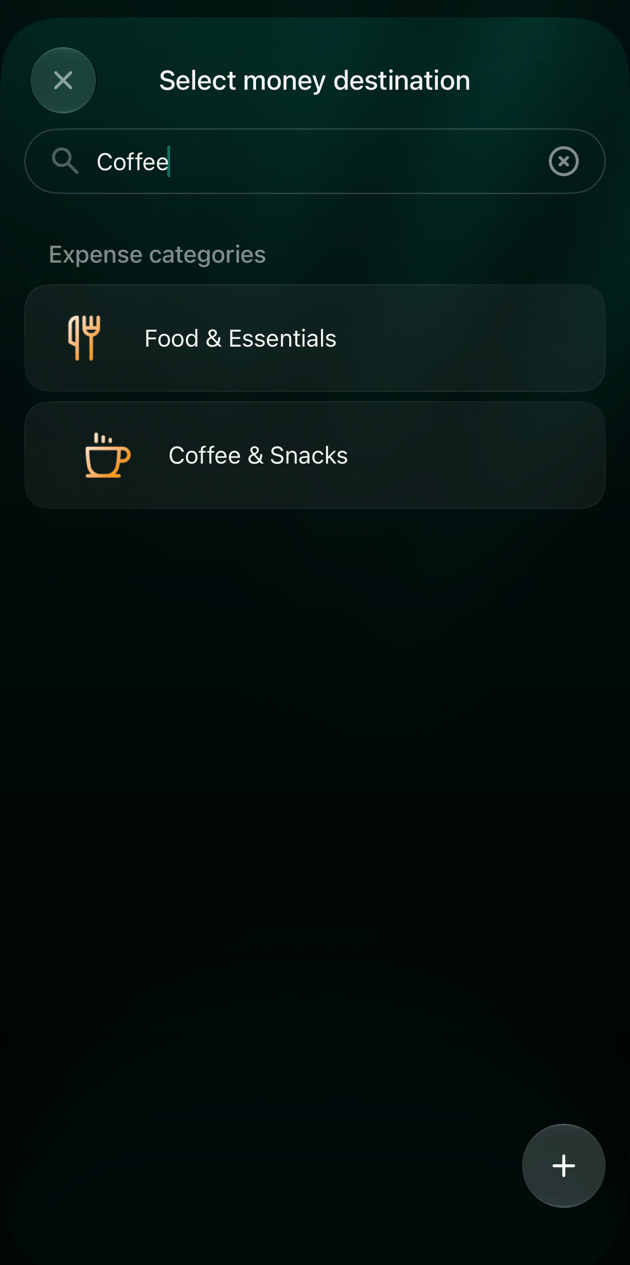 iOS Select money destination screen with Coffee typed in Search and two expense categories: Food & Essentials and Coffee & Snacks.