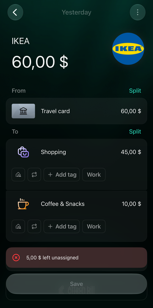 iOS IKEA transaction of 60 dollars split into Shopping 45 dollars and Coffee & Snacks 10 dollars, with the message 5,00 $ left unassigned above an inactive Save button.