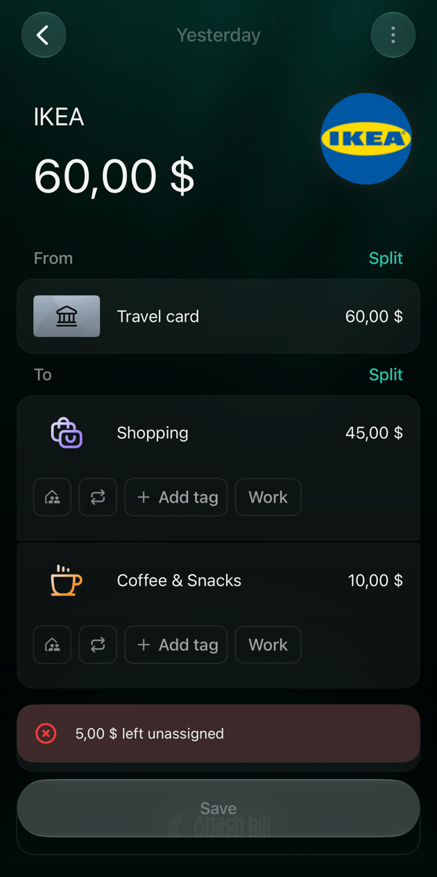 iOS IKEA transaction of 60 dollars split into Shopping 45 dollars and Coffee & Snacks 10 dollars, with the message 5,00 $ left unassigned above an inactive Save button.