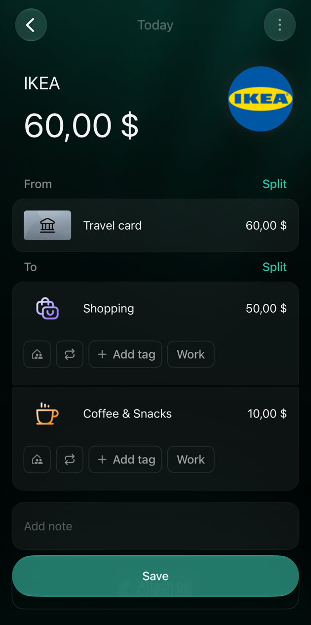 iOS IKEA transaction of 60 dollars from Travel card to Shopping 50 dollars and Coffee & Snacks 10 dollars, with a Save button.