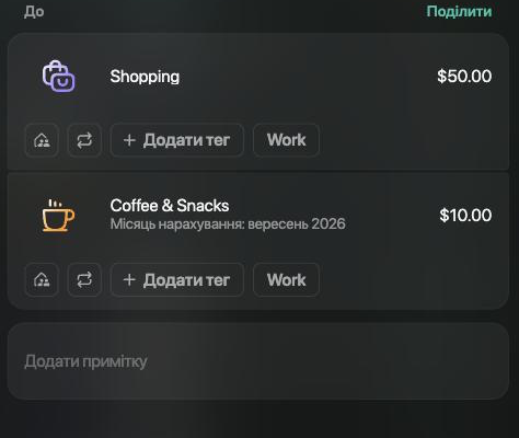 Сторона До з Shopping $50.00 і Coffee & Snacks $10.00, під якою написано Місяць нарахування: вересень 2026.