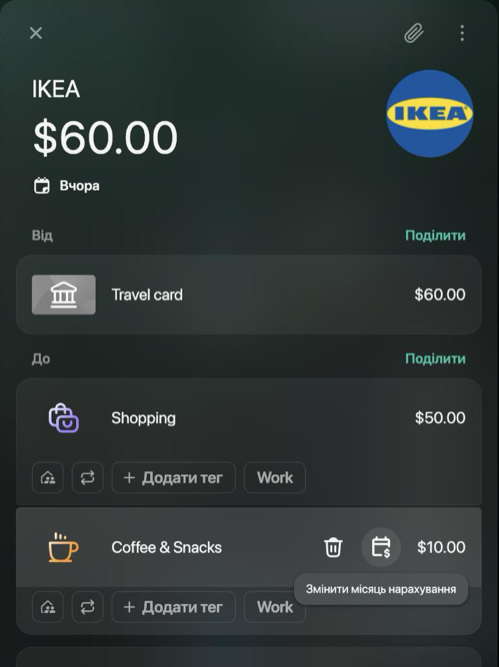 Транзакція IKEA з вказівником на частині Coffee & Snacks: біля $10.00 з'являються значок кошика й значок календаря з підказкою Змінити місяць нарахування.