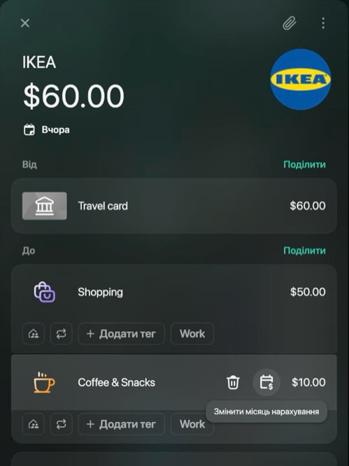 Транзакція IKEA з вказівником на частині Coffee & Snacks: біля $10.00 з'являються значок кошика й значок календаря з підказкою Змінити місяць нарахування.