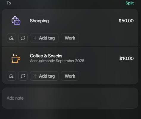 To side with Shopping $50.00 and Coffee & Snacks $10.00 with Accrual month: September 2026 under it.