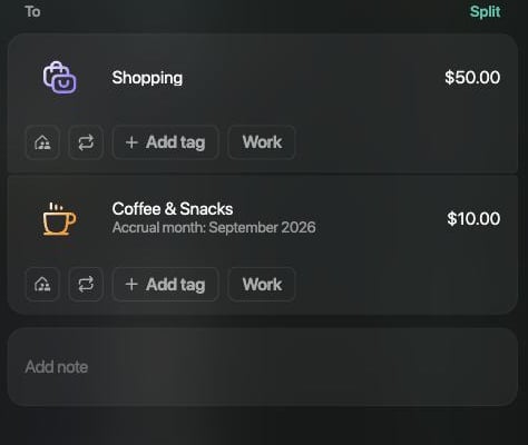 To side with Shopping $50.00 and Coffee & Snacks $10.00 with Accrual month: September 2026 under it.