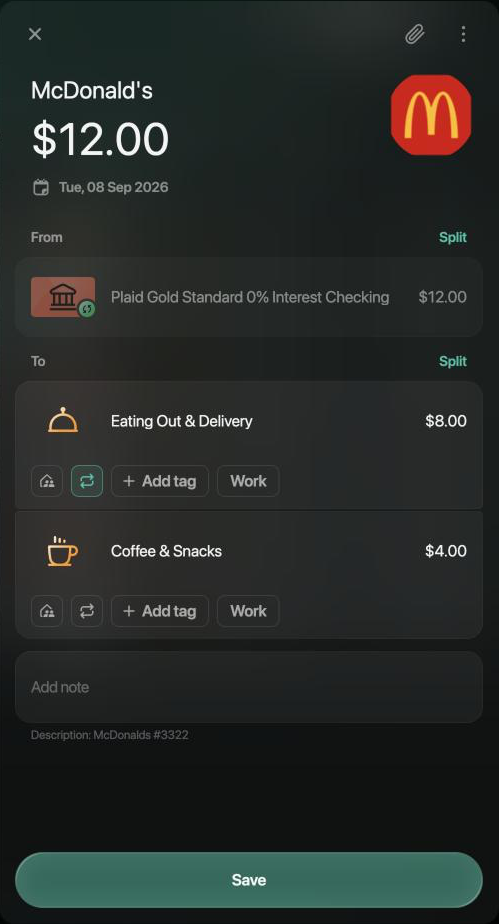 McDonald's transaction of $12.00 from the dimmed connected account Plaid Gold Standard 0% Interest Checking to Eating Out & Delivery $8.00 and Coffee & Snacks $4.00, with a Save button.