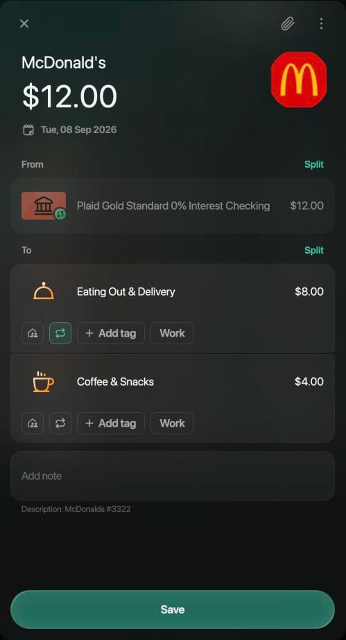 McDonald's transaction of $12.00 from the dimmed connected account Plaid Gold Standard 0% Interest Checking to Eating Out & Delivery $8.00 and Coffee & Snacks $4.00, with a Save button.