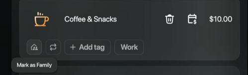 Coffee & Snacks part with the pointer on the first icon under it and the tooltip Mark as Family.