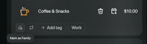 Coffee & Snacks part with the pointer on the first icon under it and the tooltip Mark as Family.