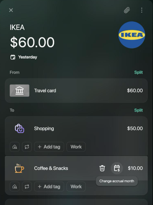 IKEA transaction with the pointer on the Coffee & Snacks part: a trash icon and a calendar icon with the tooltip Change accrual month appear next to $10.00.