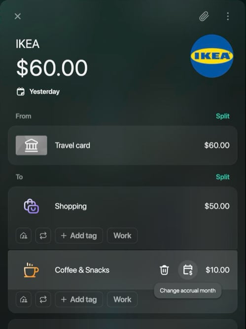 IKEA transaction with the pointer on the Coffee & Snacks part: a trash icon and a calendar icon with the tooltip Change accrual month appear next to $10.00.