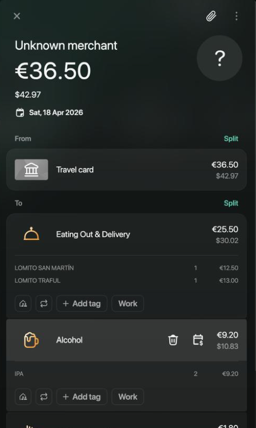 Transaction of €36.50 from Travel card to Eating Out & Delivery €25.50 with two LOMITO items and Alcohol €9.20 with the IPA item.