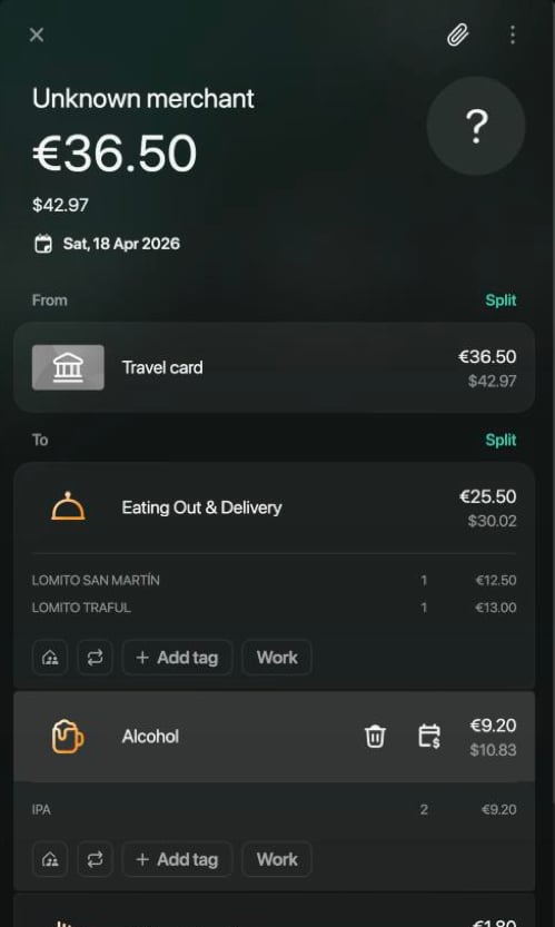 Transaction of €36.50 from Travel card to Eating Out & Delivery €25.50 with two LOMITO items and Alcohol €9.20 with the IPA item.