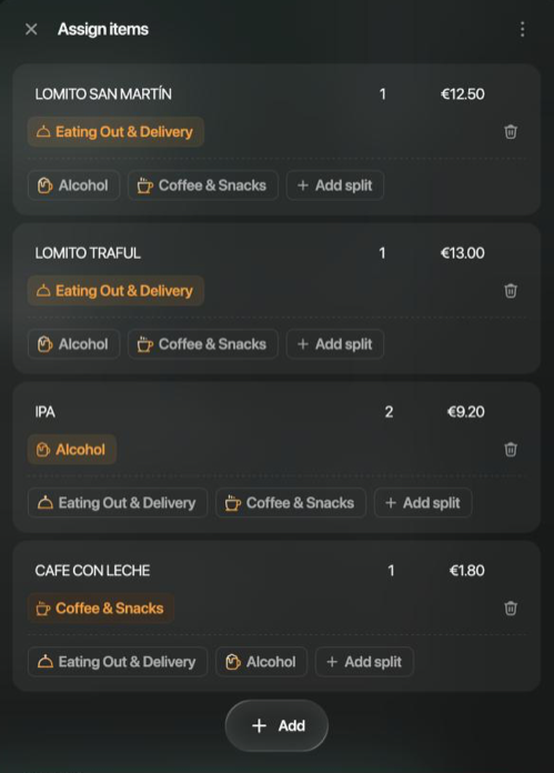 Assign items panel: LOMITO SAN MARTÍN and LOMITO TRAFUL in Eating Out & Delivery, IPA in Alcohol, CAFE CON LECHE in Coffee & Snacks, each with other categories and Add split below it.