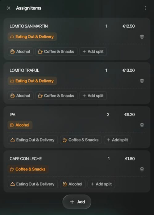 Assign items panel: LOMITO SAN MARTÍN and LOMITO TRAFUL in Eating Out & Delivery, IPA in Alcohol, CAFE CON LECHE in Coffee & Snacks, each with other categories and Add split below it.
