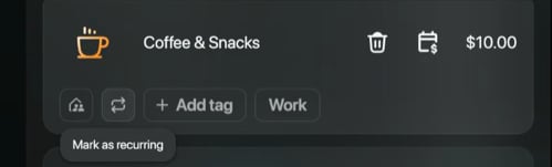 Coffee & Snacks part with the pointer on the second icon under it and the tooltip Mark as recurring.
