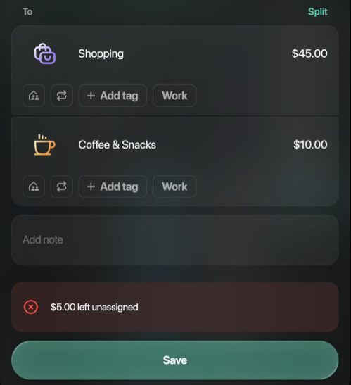 To side with Shopping $45.00 and Coffee & Snacks $10.00, the message $5.00 left unassigned and a Save button below it.