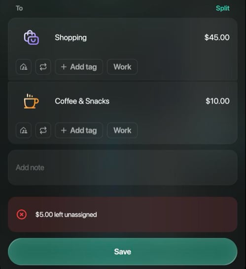 To side with Shopping $45.00 and Coffee & Snacks $10.00, the message $5.00 left unassigned and a Save button below it.