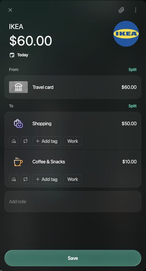 IKEA transaction of $60.00 from Travel card to two categories: Shopping $50.00 and Coffee & Snacks $10.00, each with its own tag buttons, and a Save button.