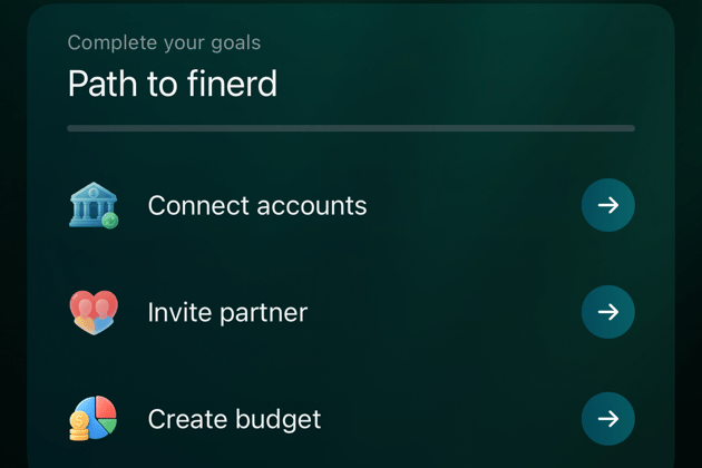 Complete your goals、Path to finerdのチェックリスト。Connect accounts、Invite partner、Create budgetがそれぞれ矢印付きで並ぶ。