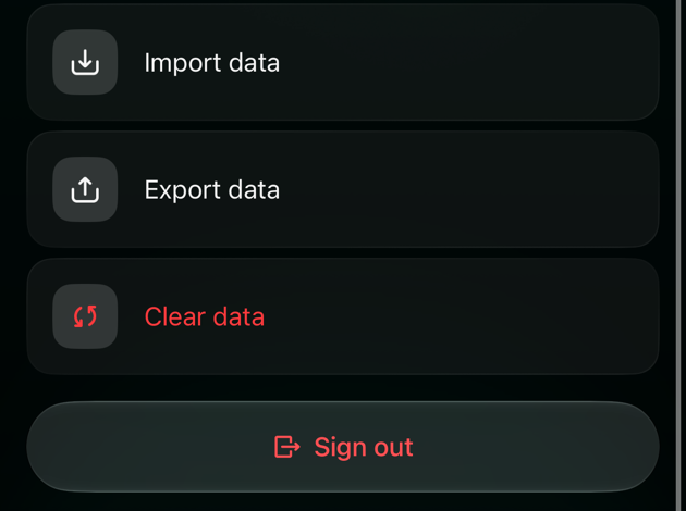 La parte inferior de la configuración del espacio en iOS: Import data, Export data, Clear data y el botón Sign out.