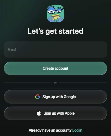 El formulario Let's get started con Email, Create account, Sign up with Google, Sign up with Apple y Already have an account? Log in.