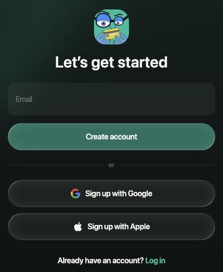 Let's get startedフォーム。Email、Create account、Sign up with Google、Sign up with Apple、Already have an account? Log in。