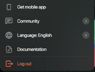 La parte inferior del menú del perfil en la web: Get mobile app, Community, Language: English, Documentation y Log out.