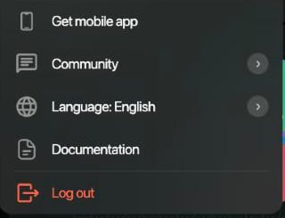 Webのプロフィールメニューの下部。Get mobile app、Community、Language: English、Documentation、Log out。