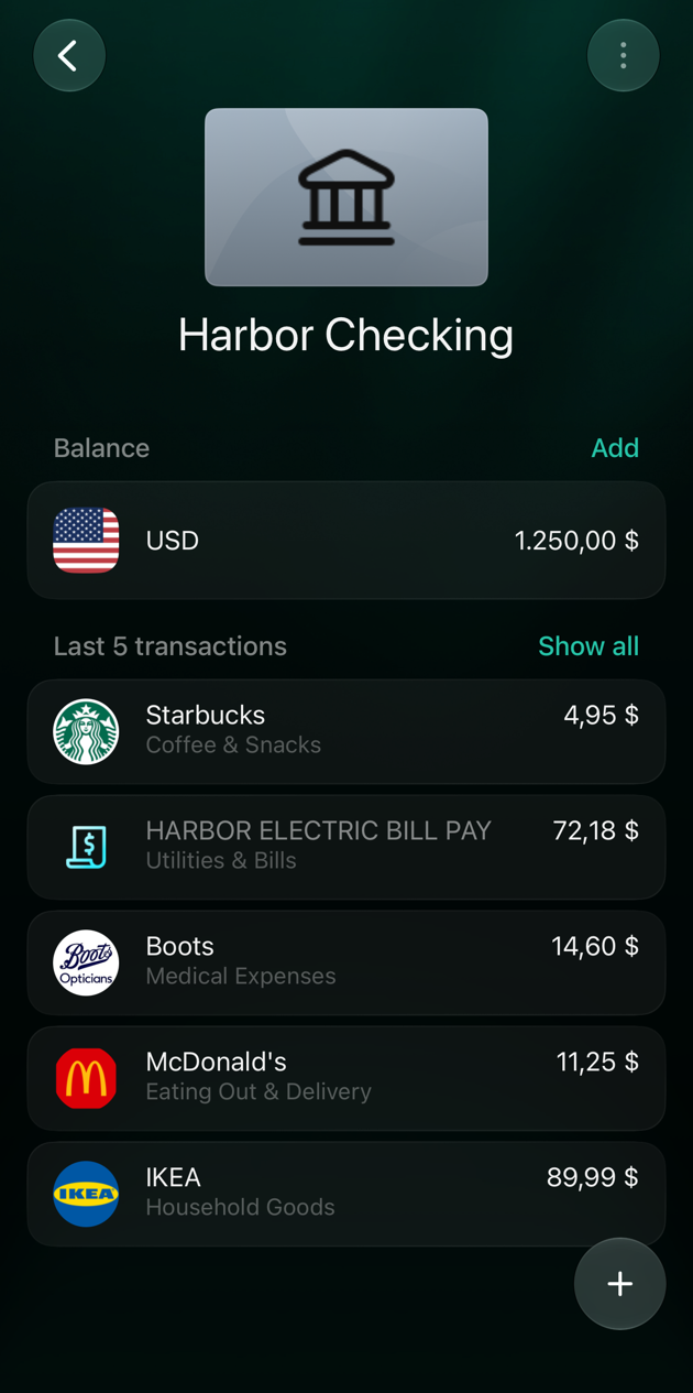 iOS Harbor Checking account: balance 1,250.00 dollars and the last 5 transactions: Starbucks, Coffee & Snacks 4.95; HARBOR ELECTRIC BILL PAY, Utilities & Bills 72.18; Boots, Medical Expenses 14.60; McDonald's, Eating Out & Delivery 11.25; IKEA, Household Goods 89.99.