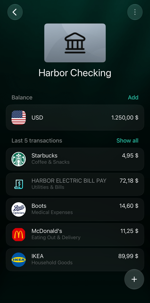 iOSのHarbor Checking口座。残高1,250.00ドルと最近の取引5件。Starbucks、Coffee & Snacks 4.95。HARBOR ELECTRIC BILL PAY、Utilities & Bills 72.18。Boots、Medical Expenses 14.60。McDonald's、Eating Out & Delivery 11.25。IKEA、Household Goods 89.99。