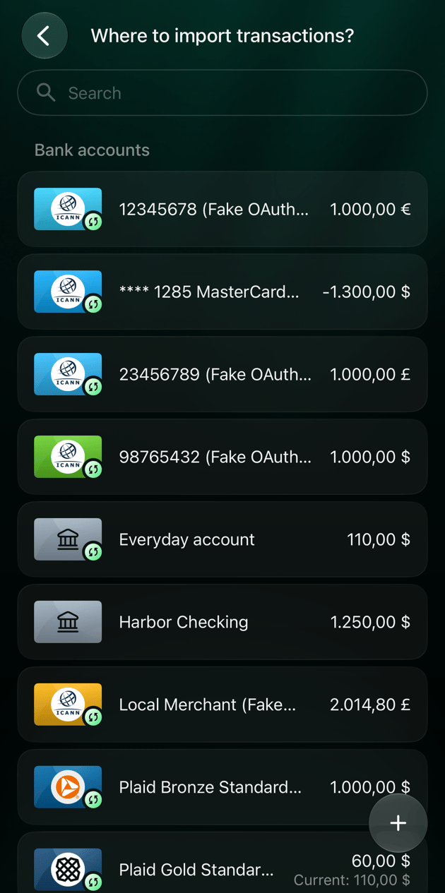 iOSのWhere to import transactions?の銀行口座リスト。1,250.00ドルのHarbor Checkingを含む。
