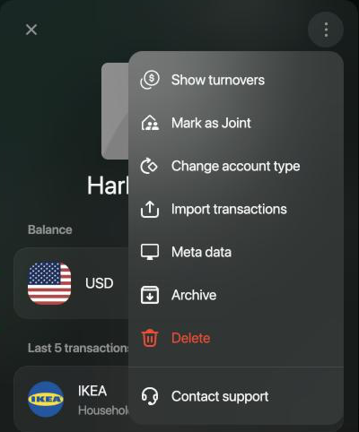 Harbor Checking account panel with the ⋮ menu open: Show turnovers, Mark as Joint, Change account type, Import transactions, Meta data, Archive, Delete and Contact support.