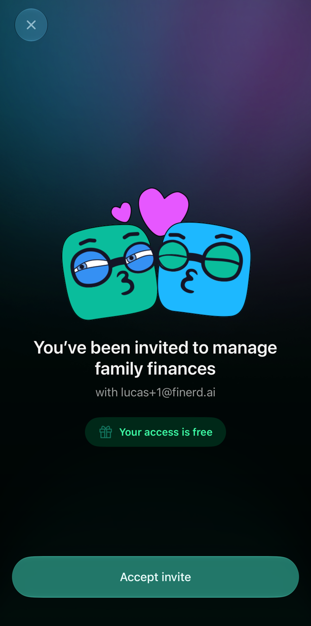 You've been invited to manage family finances with lucas+1@finerd.ai, Your access is free, and the Accept invite button on iOS