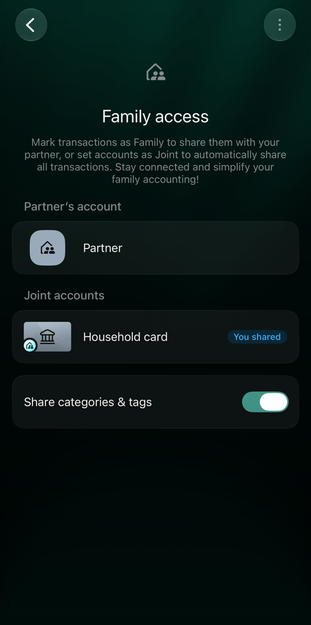 Family access on iOS: Partner's account Partner, Joint accounts Household card with You shared, Share categories & tags on