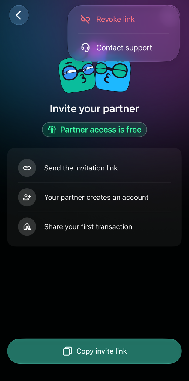 The ⋮ menu on the iOS invite screen with Revoke link and Contact support