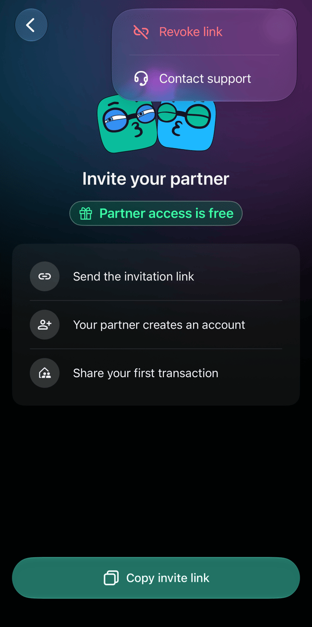The ⋮ menu on the iOS invite screen with Revoke link and Contact support