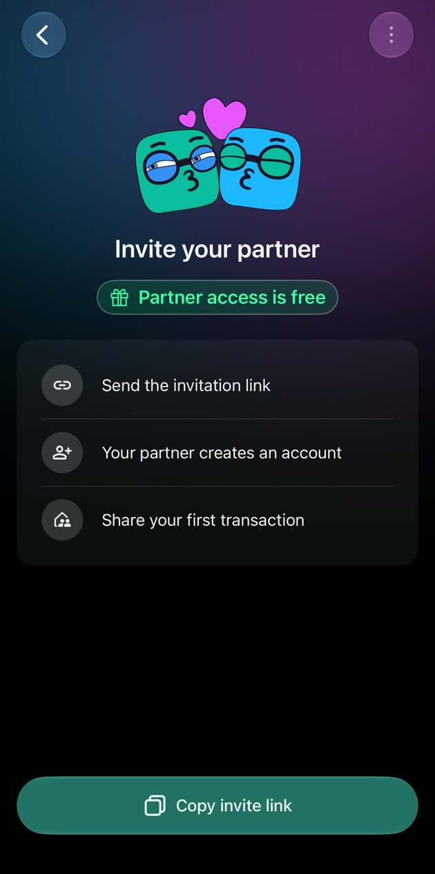 Invite your partner screen on iOS: Partner access is free, three steps and the Copy invite link button