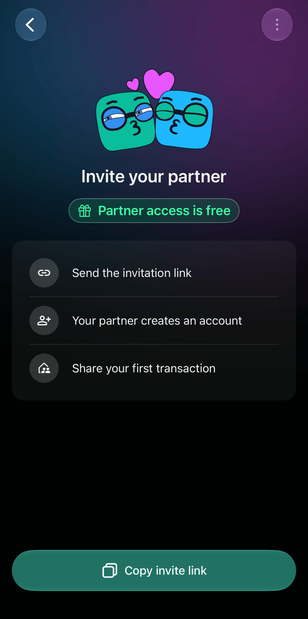 Invite your partner screen on iOS: Partner access is free, three steps and the Copy invite link button