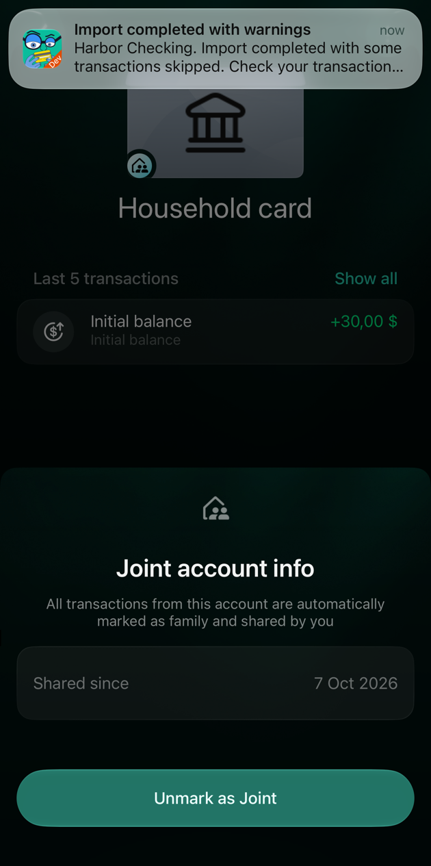 Joint account info sheet on iOS with Shared since 7 Oct 2026 and the Unmark as Joint button