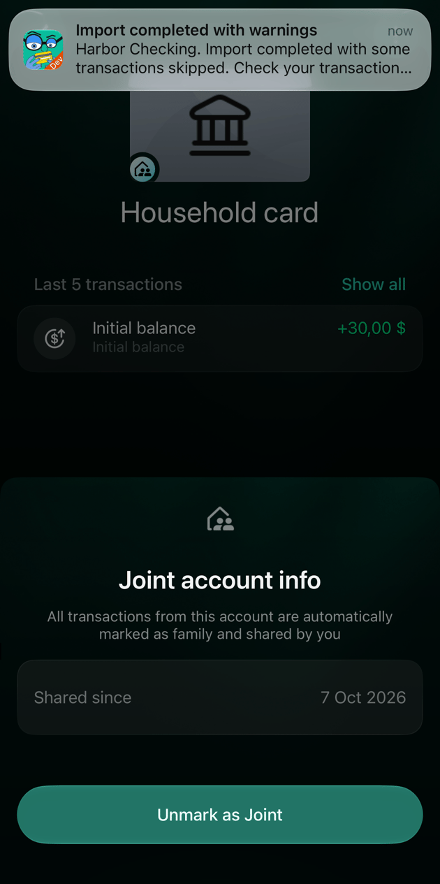Joint account info sheet on iOS with Shared since 7 Oct 2026 and the Unmark as Joint button
