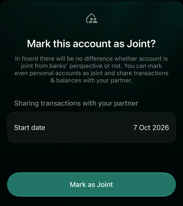 Mark this account as Joint? sheet on iOS with Sharing transactions with your partner, Start date 7 Oct 2026 and the Mark as Joint button