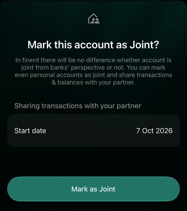 Mark this account as Joint? sheet on iOS with Sharing transactions with your partner, Start date 7 Oct 2026 and the Mark as Joint button