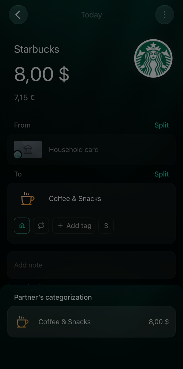 Partner's categorization sheet on iOS showing Coffee & Snacks 8,00 $ under the Starbucks transaction