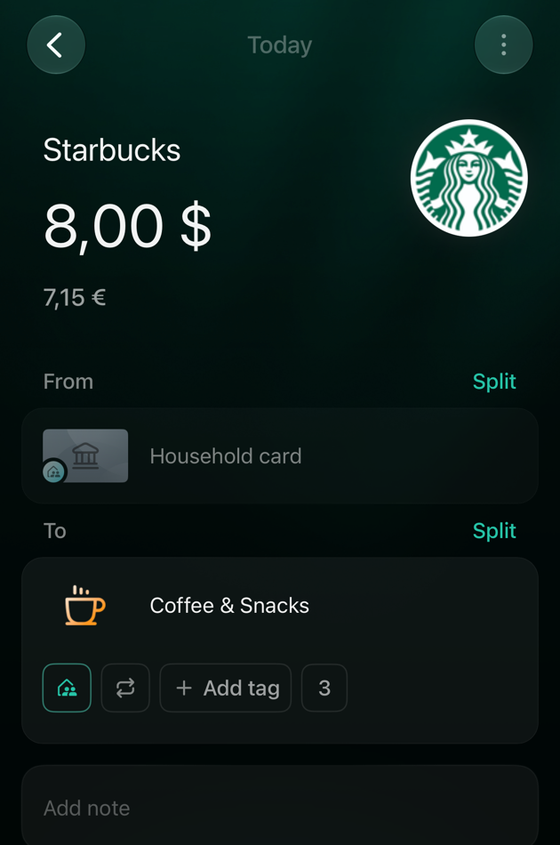 The partner's copy of a shared transaction on iOS: Starbucks $8 from Household card to Coffee & Snacks with the Family chip selected